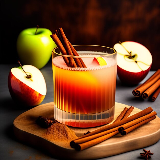 A glass of apple cider next to a glass of cinnamon sticks.