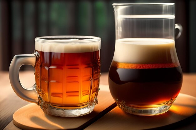 A glass of beer and a mug of beer sit on a table.