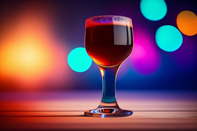 A glass of beer sits on a table with lights in the background.