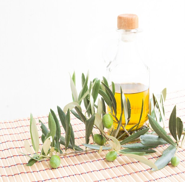 Glass bottle of olive oil.