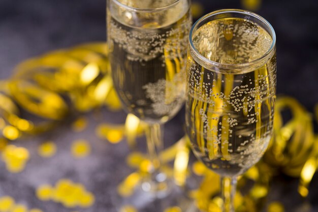 Glass of champagne with bubble on table