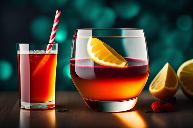 옆에 빨간 빨대가 있는 칵테일 한 잔과 레몬 슬라이스가 있는 주스 한 잔.