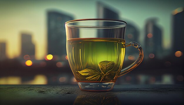 Стеклянная чашка чая стоит на столе перед городским пейзажем.