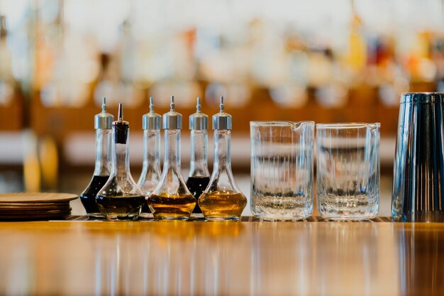 Glass and drinks in a table