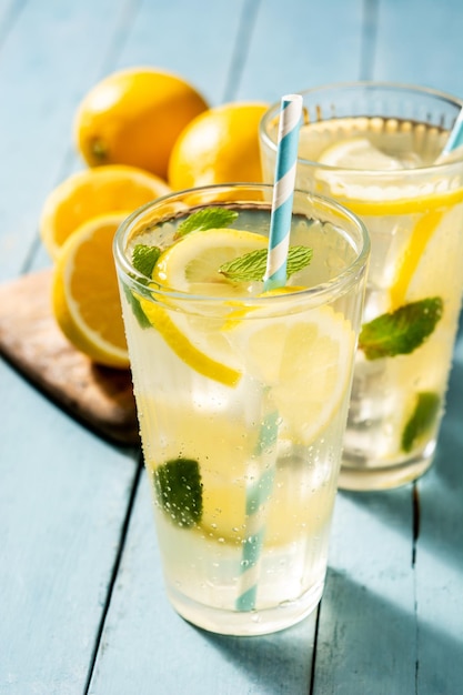 Glass of fresh lemonade on blue wooden table