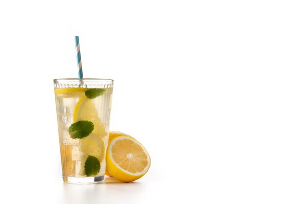 Glass of fresh lemonade isolated on white background