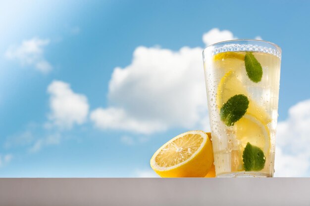 Glass of fresh lemonade with blue sky on sunny day