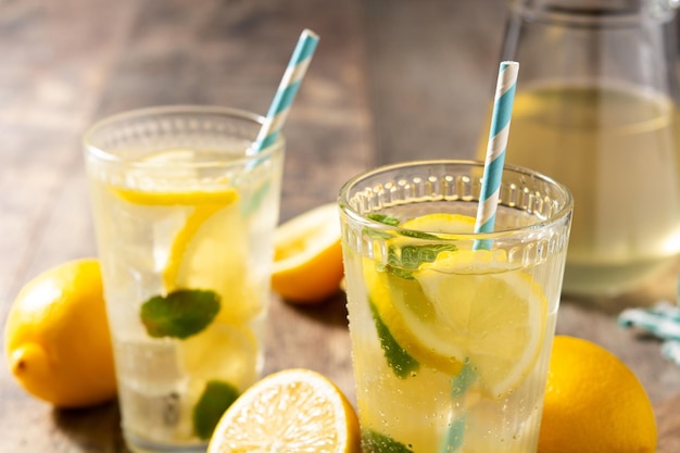 Glass of fresh lemonade on wooden table