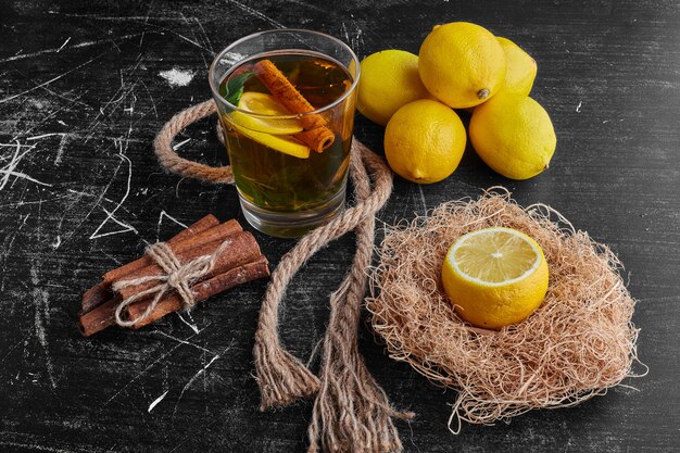 A glass of glintwine with lemon. 