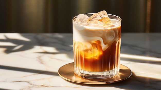 Free photo glass of iced cappuccino on a sleek marble table