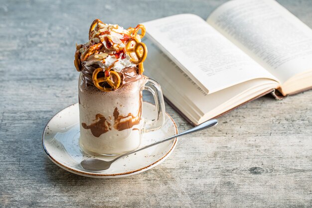 A glass jar of milky chocolate cocktail