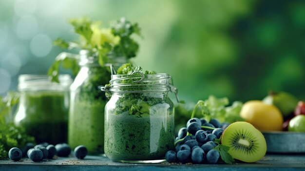 Glass jar mugs with green health smoothie AI generated image