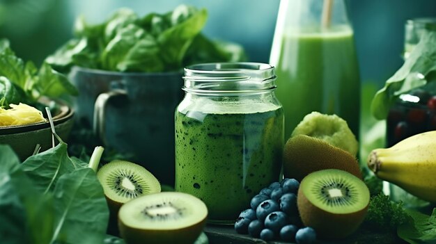 Glass jar mugs with green health smoothie AI generated image