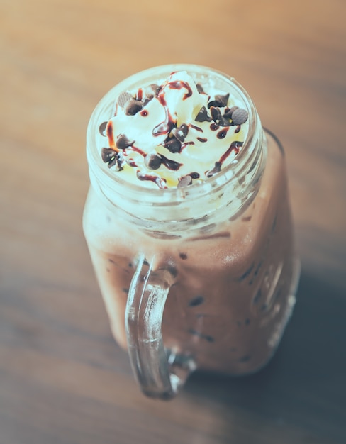 Glass jar with cream and chocolate