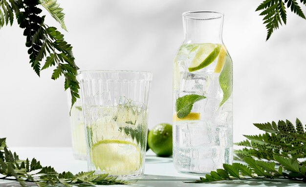 Glass and jar with lime drink