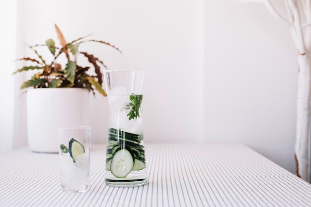 Glass and jug with refreshing water