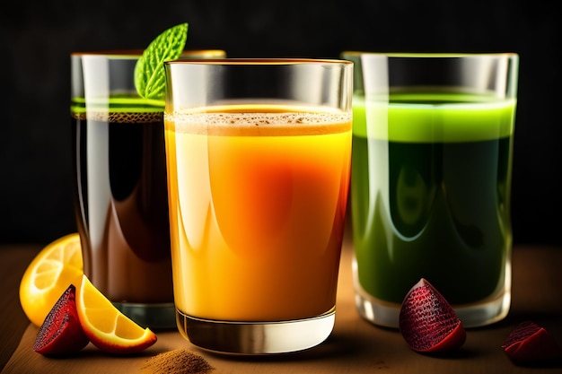 A glass of juice with a black background