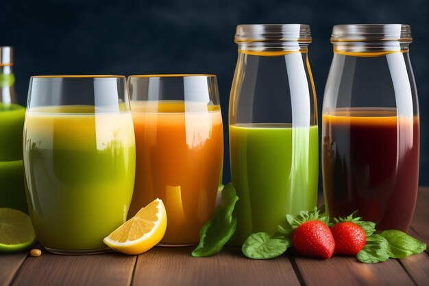 A glass of juices with strawberries and other fruit on a table.