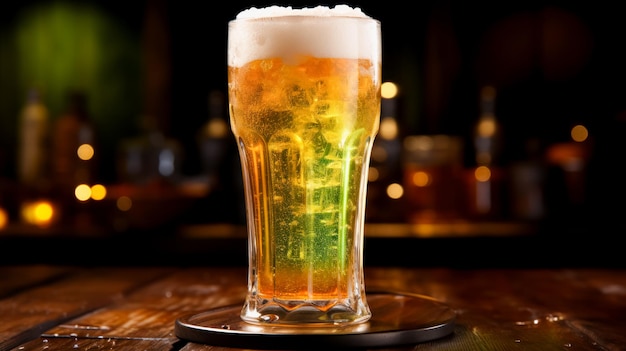 Free photo a glass of lager on bar counter beer advertising poster or an invitation to st patrick's day party