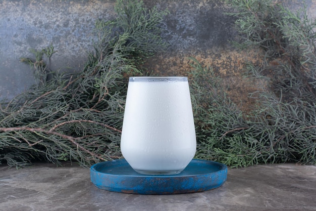 Bicchiere di latte sul piatto blu con ramo di pino. foto di alta qualità