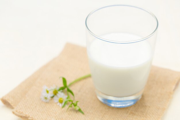 Glass of milk and flowers on table on blue