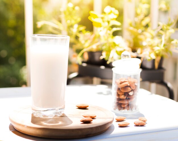 Glass of milk with almonds