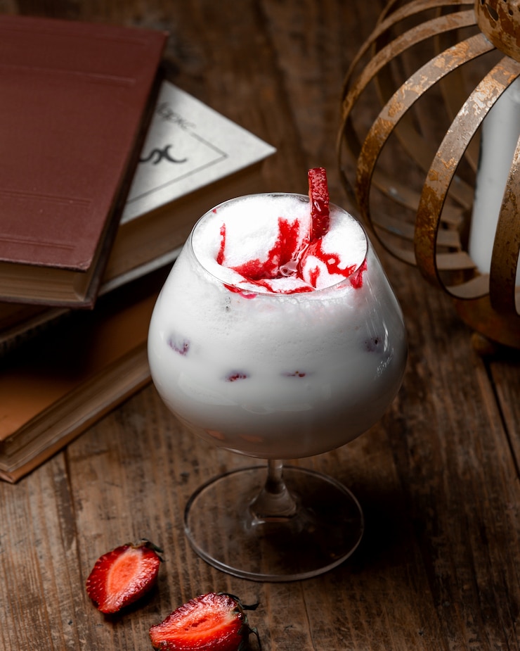 Free Photo glass of milkshake with strawberry pieces and syrup