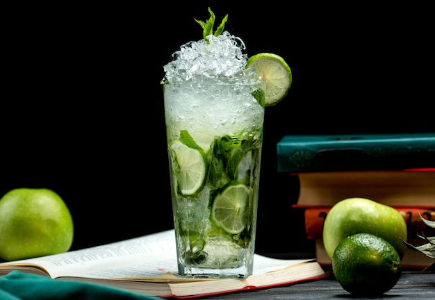 Glass of mojito with lime, mint and ice
