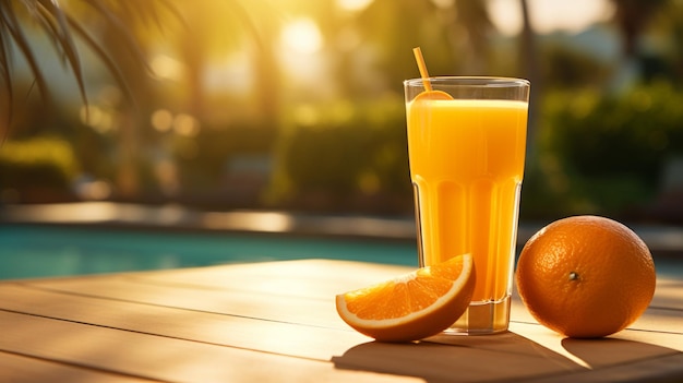 Free photo a glass of orange juice on the background of a swimming pool