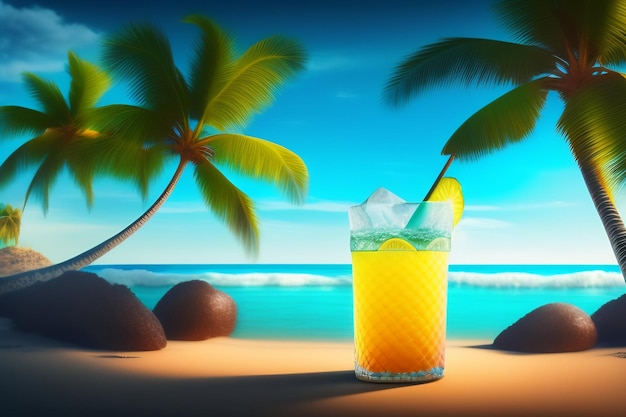 バック グラウンドでヤシの木とビーチでオレンジ ジュースのグラス。