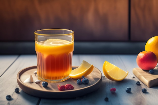 A glass of orange juice with lemon on a wooden tray.