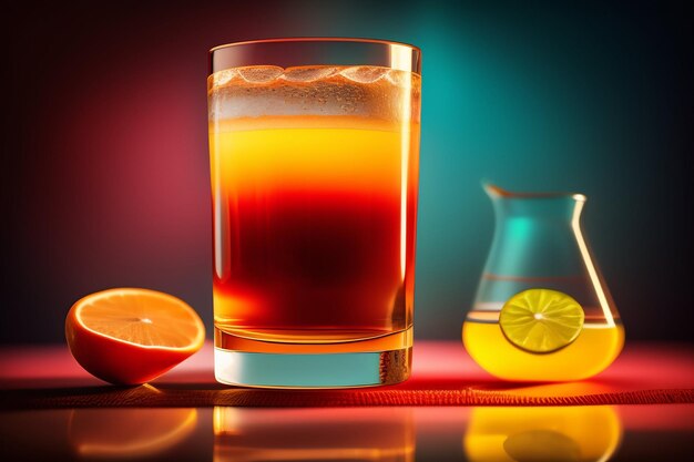 Стакан апельсинового сока с кувшином и кувшин с напитком на нем.