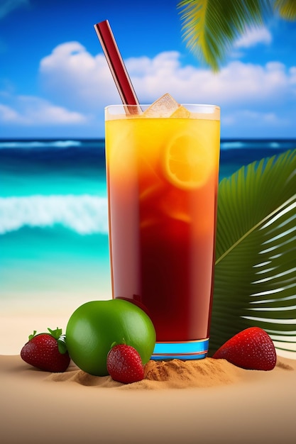 Free photo a glass of orange juice with straws and straws on the beach