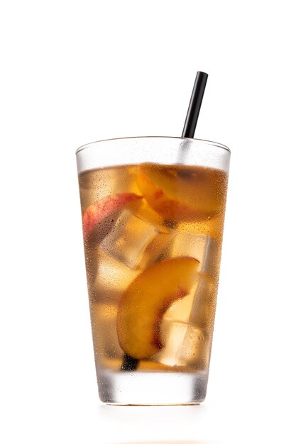 Glass of peach tea with ice cubes isolated on white background