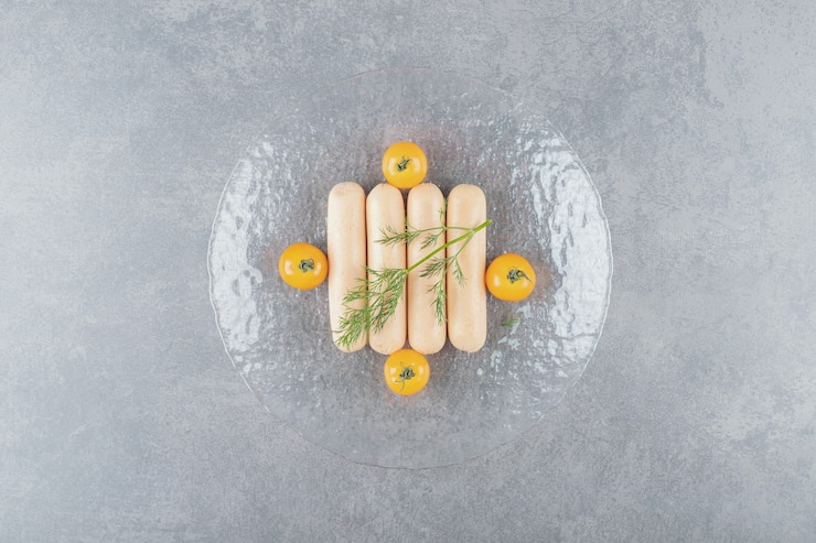 Free Photo a glass plate of boiled sausages with cherry yellow tomatoes