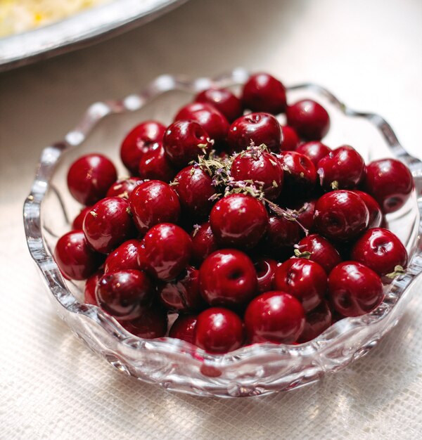 A glass plate with cherries