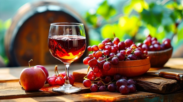 Free photo glass of red wine and a bunch of grapes on a table against the backdrop of a vineyard in a villa