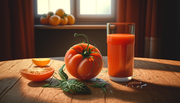 A glass of tomato juice and a tomato generative AI