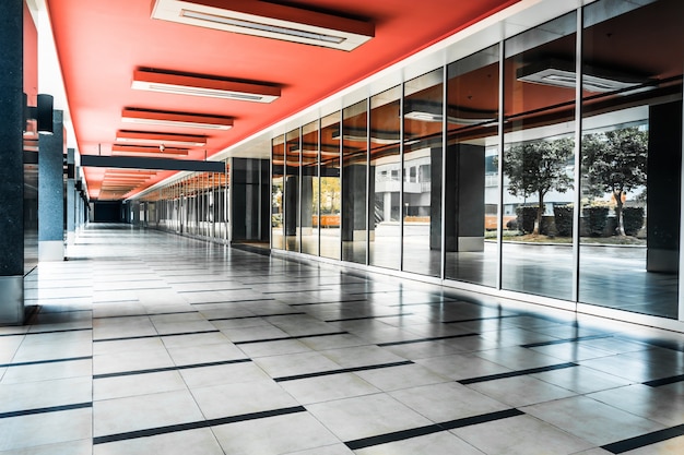 Glass wall and long corridor