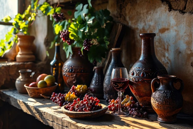 Foto gratuita un bicchiere di vino e grappoli di uva su una vecchia tavola in una distilleria accanto a tradizionali brocche di argilla