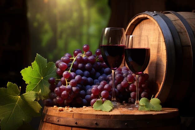 A glass of wine and grapes on a wooden barrels fresh