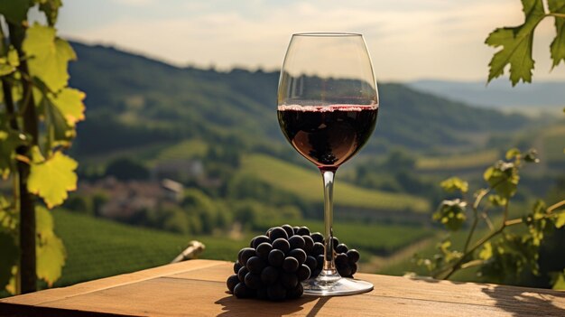 A glass of wine on an old table with a vineyard background