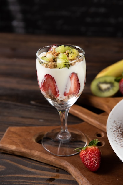 Glass with fruits and yogurt