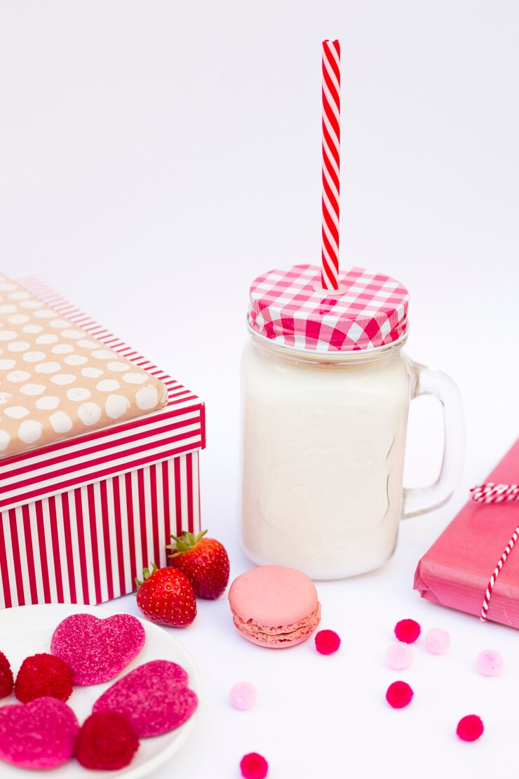 Free Photo glass with liquid and tube near biscuit, candies, berries and presents