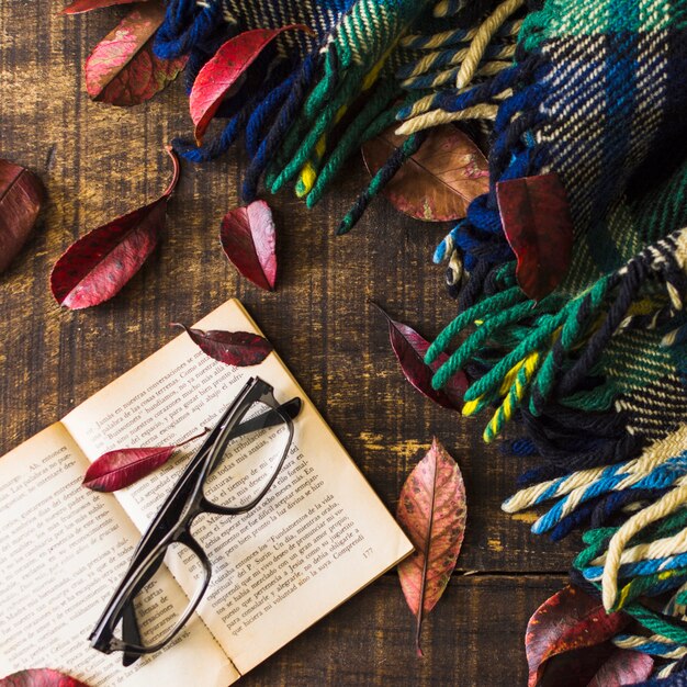 Glasses and book near leaves and warm blanket