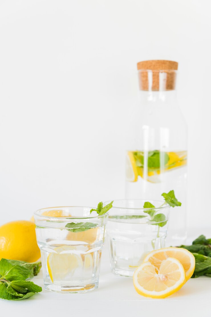 Free Photo glasses and bottle with lemon mint drink
