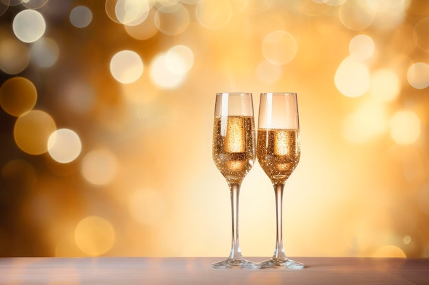 Free photo glasses of champagne on shiny and gold background