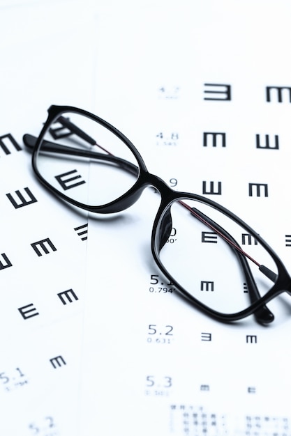 Glasses and eye chart on white background