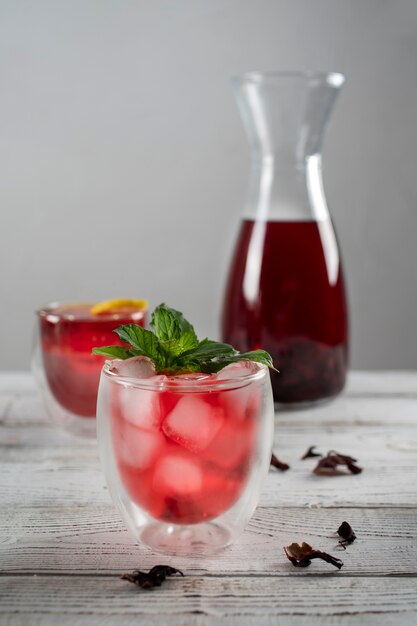 Glasses of refreshing hibiscus ice tea