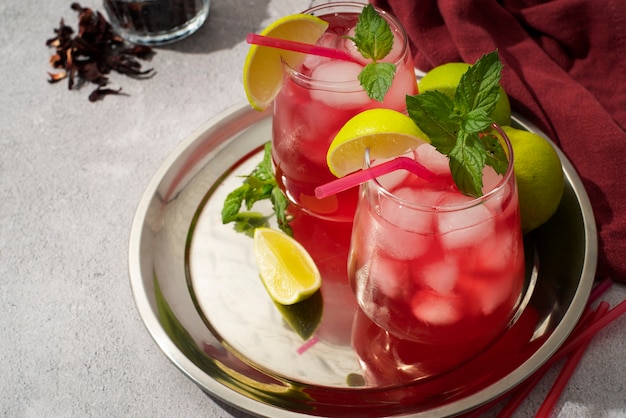 Glasses of refreshing hibiscus ice tea